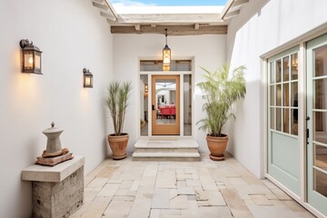 entry courtyard with whitewashed walls and stone walkway - obrazy, fototapety, plakaty