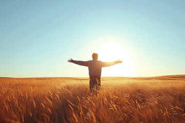 person standing in an open field with arms outstretched, basking in the eternal sunshine, symbolizing a sense of freedom and clarity of thought in a minimalistic style