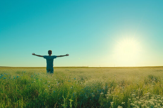 person standing in an open field with arms outstretched, basking in the eternal sunshine, symbolizing a sense of freedom and clarity of thought in a minimalistic style