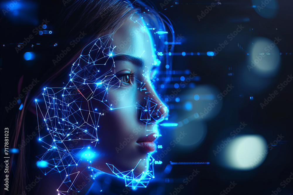 Poster portrait of a futuristic android woman with advanced technology data overlay