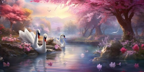 A cherry blossom garden in full bloom, where a family of swans swims in a tranquil pond, and...