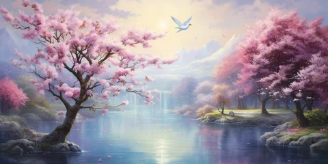 Foto auf Acrylglas A cherry blossom garden in full bloom, where a family of swans swims in a tranquil pond, and butterflies dance in the soft breeze. © Anmol