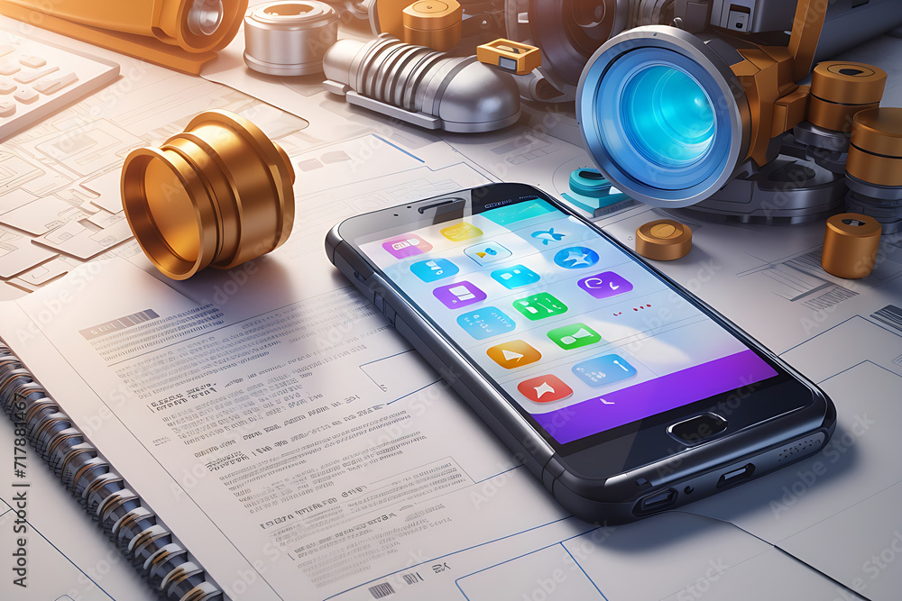 Poster smartphone features. technical description of the model, software, and factory settings. 3d smartpho