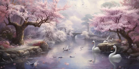  A cherry blossom garden in full bloom, with butterflies flitting around, and a pair of swans swimming in a tranquil pond. © Anmol