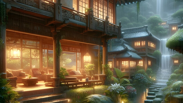A chinese house in the forest with a waterfall
