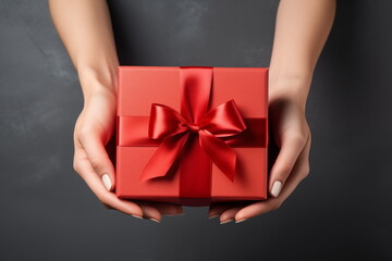 Top view of hands holding craft red paper gift box with ribbon bow on isolated black background. Generated AI.