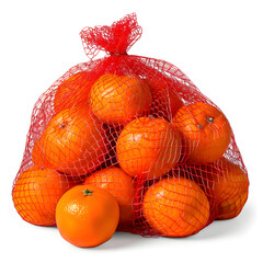 Tangerines in a red mesh bag isolated on transparent or white background 