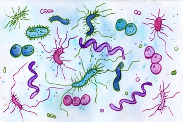 Obraz na płótnie Canvas Vivid hand-drawn watercolor and marker illustration showcasing diverse bacteria shapes