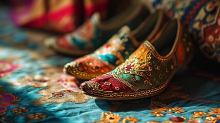 Embroidered Shoes Displayed on Colorful Patterned Fabric - obrazy, fototapety, plakaty