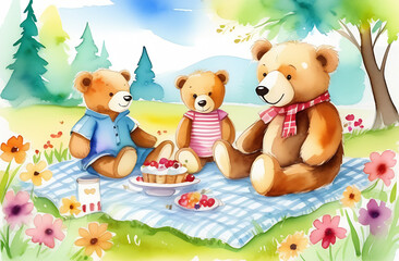 Obraz na płótnie Canvas Watercolor weekend of parent with kids in the sunny forest.Toy bear family picnic on the flower lawn. Lovely cartoon lunch painting. 