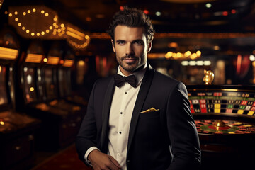 Obraz premium Concept of casino games poker slots free spins chips cards dice players las vegas Generative AI picture