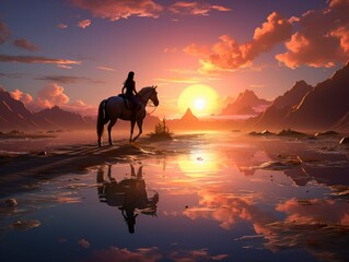 Female riding her horse in a sunset land