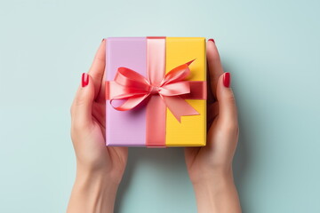 Top view of hands holding craft paper gift box with ribbon bow on isolated pastel blue background. Generated AI.