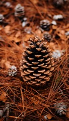 A close-up of a pine cone nestled among the needles on the forest floor, capturing the essence of the pine forest.