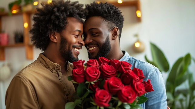 Happy African American Gay Couple Hugging With Bouquet Flowers. Engagement Celebration. Pride Concept. Generative AI.