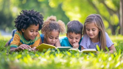 children lying on the grass, deeply engaged in reading books.