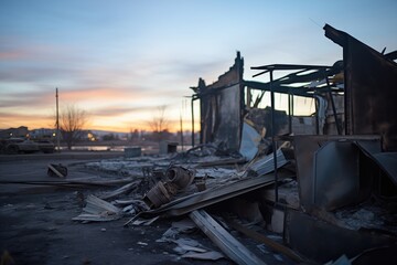 charred remains of a home postfire at dawn