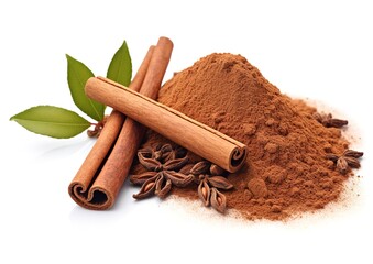 Heap of brown Cinnamon powder isolated on white background. generative AI