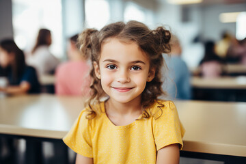AI generated photography of schoolchild sitting at school canteen