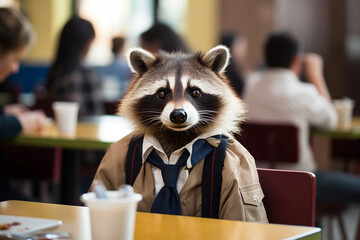 AI generated cartoon image of funny animal eating lunch at school canteen cafe restaurant