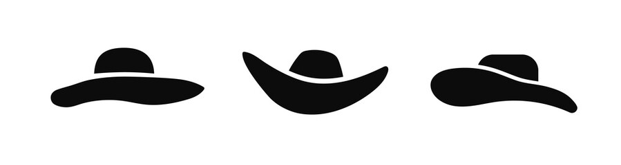 Womens wide brimmed hats icon. Fashionable black headdress for stylish party and seaside holiday with vector sun protection
