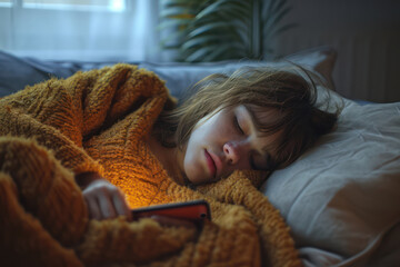 Childhood Bliss: Cute Caucasian Girl Lying on Bed, Looking at the Mobile Phone in Dark Bedroom