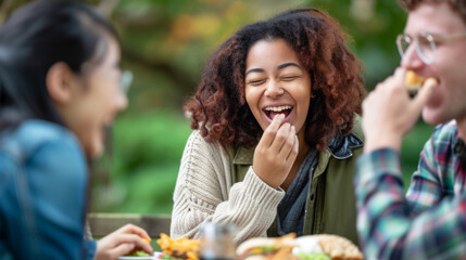 Fototapeta premium young woman with curly red hair is laughing heartily with her friends at an outdoor dining table