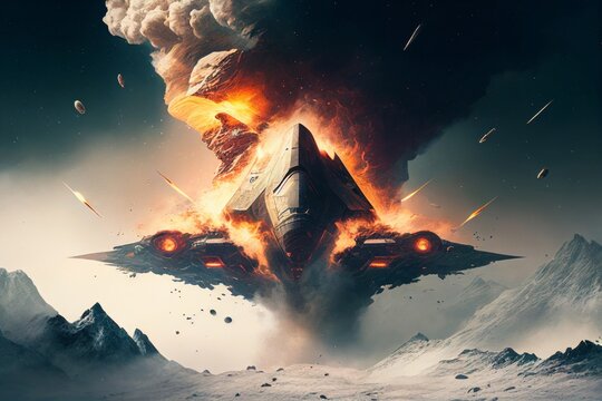 Space ship crashed into snowy mountain, smoke and fire around