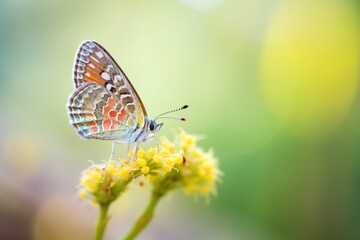 macro of a bright colored butterfly on a wildflower in forest