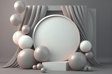 3D render of circular frame on podium with gift box, balloons decorated light gray curtain background