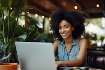Generative AI technology picture of chilling nomad person sitting near seaside beach pool cafeteria working remotely with laptop
