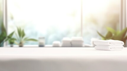 Empty white massage table on blurred spa background, blurry cosmetology scene - obrazy, fototapety, plakaty