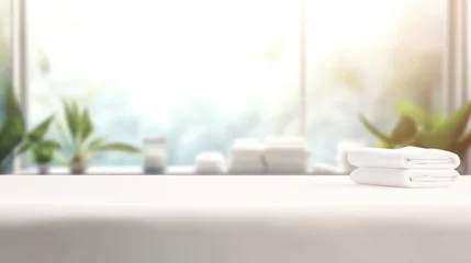 Photo sur Plexiglas Spa Empty white massage table on blurred spa background, blurry cosmetology scene