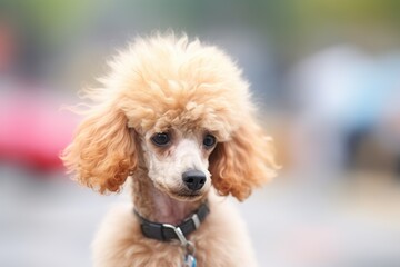 young poodle looking curious with head tilt