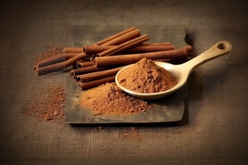 Heap of brown Cinnamon powder isolated on white background. generative AI