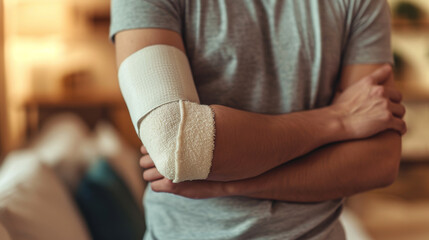 an individual with a bandaged arm seemingly in discomfort or in the process of self-examination - obrazy, fototapety, plakaty