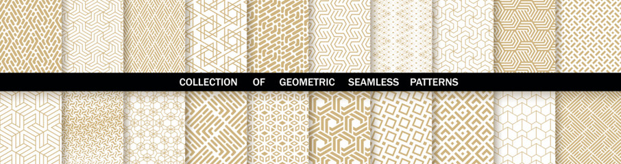 Geometric set of seamless gold and white patterns. Simple vector graphics