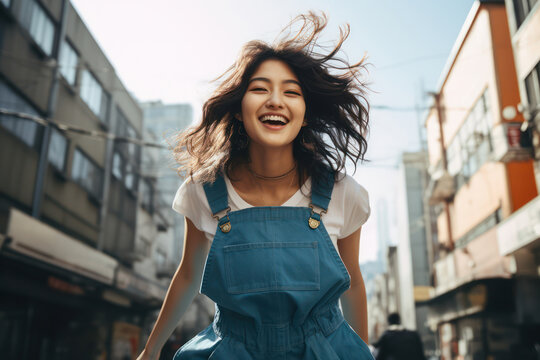 Happy Young Woman, Fashionable and Smiling, Enjoying Urban Lifestyle on a Sunny Autumn Day