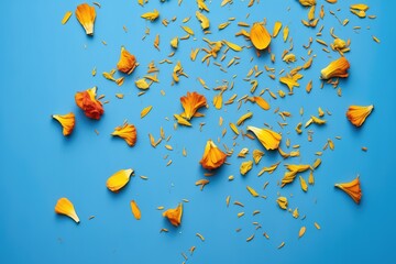 marigold petals scattered on a blue backdrop - obrazy, fototapety, plakaty