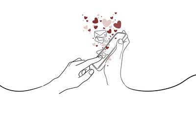 Hand holds the phone and sends a love message with the other hand. February 14 minimalist line art set of red hearts isolated on white background. Happy Valentine's Day. Vector outline illustration