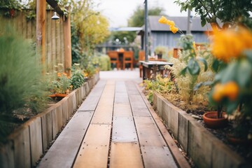 wooden plank pathway through a garden