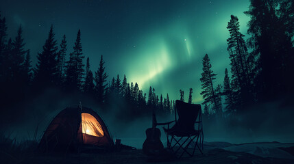 night scene with a tent, guitar, chairs and trees with the Aurora in the background