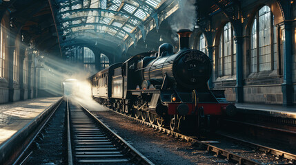 Fototapeta na wymiar Beautiful old vintage steam railway engine and classic railway station.