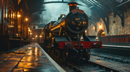 Beautiful old vintage steam railway engine and classic railway station. - obrazy, fototapety, plakaty