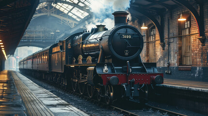 Beautiful old vintage steam railway engine and classic railway station.