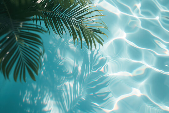 Palm tree hanging over pool water. Background image. Created with Generative AI technology © Artem