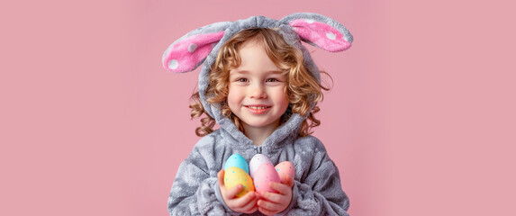 Obraz na płótnie Canvas A cute little smiling blond curly-haired boy in a rabbit costume with ears with Easter colored colored eggs in his hands on a pink background. Banner, copy space