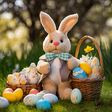 lifestyle photo easter bunny with basket of eggs.