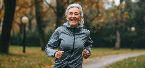 Fototapeta premium señora senior sonriente entrenando corriendo por un parque otoñal vistiendo un chubasquero gris