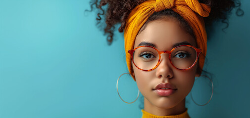Blue background. Black beautiful girl with curly hair, glasses, beautiful eyes as beauty concept. Selective focus.Copy space